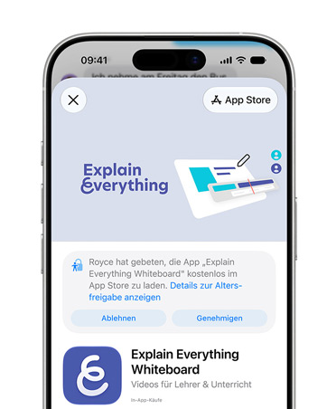 Ein iPhone zeigt die Produktseite von Explain Everything Whiteboard im App Store an und fordert die Benutzerin auf, den Zugriff für einen Kinderaccount abzulehnen oder zu genehmigen.