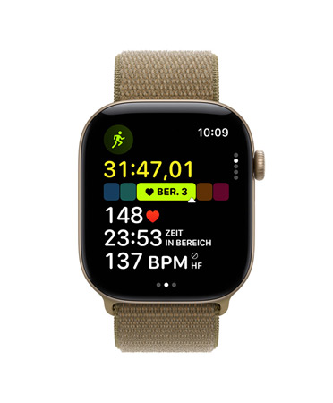 Apple Watch Series 11, Aluminiumgehäuse, Farbe poliertes Diamantschwarz, Outdoor-Lauftraining geöffnet, Herzfrequenz in Herz Zone 3, rechte Seitenansicht: Digital Crown, Sportarmband Schwarz