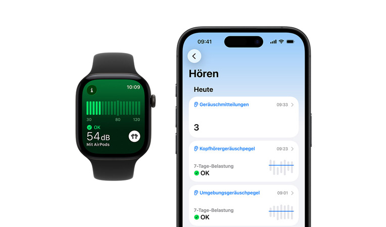 Apple Watch Series 11, Aluminiumgehäuse, Farbe Silber, Geräusche App, Sportarmband Neongelb, detaillierte Tageszusammenfassung für Hören auf gekoppeltem iPhone geöffnet