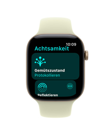 Apple Watch Series 11, Aluminiumgehäuse, Farbe Roségold, Achtsamkeit App geöffnet, rechte Seite: Digital Crown, Sportarmband Blassrosa