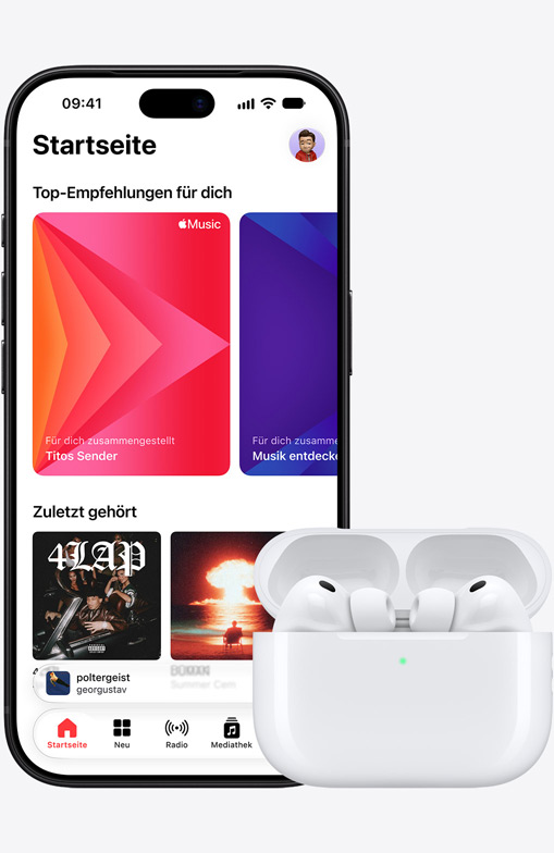 iPhone 18 Pro, front exterior, Apple Music homescreen displayed on screen, next to Airpods Pro 3 in open MagSafe Charging Case