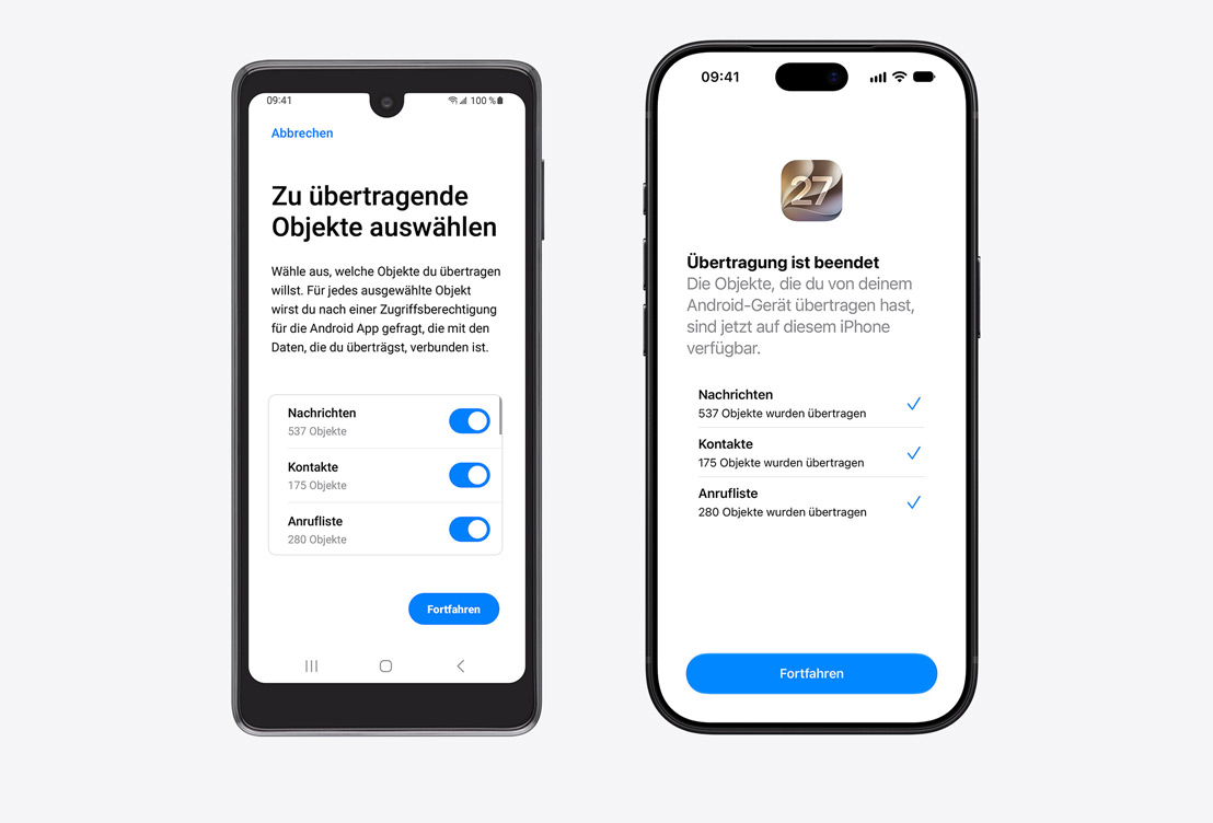 Android device on left, iPhone on right. Android device displays the Move to iOS App, with Select Items to Transfer heading and Messages, Contacts, and Call History Selected. iPhone screen shows Transfer Complete.