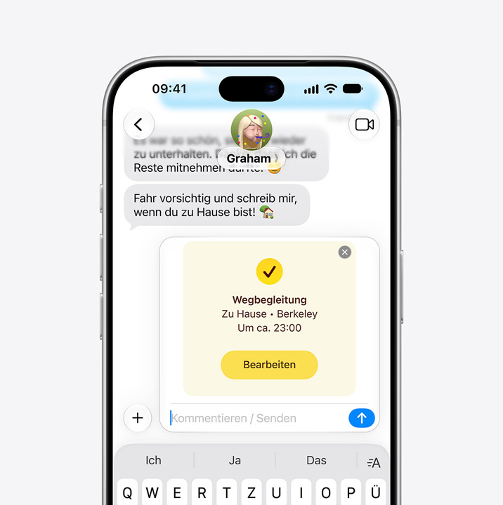 iPhone screen showing Messages thread with Check In feature in use