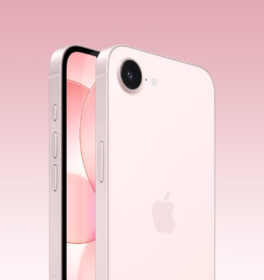 Õrnroosa viimistlusega iPhone 17e, millel on näha osa ekraanist ning külg Action-nupu, helitugevuse nupu ja küljenupuga. Tagaküljest on näha Apple’i logo ja üksikkaamera.