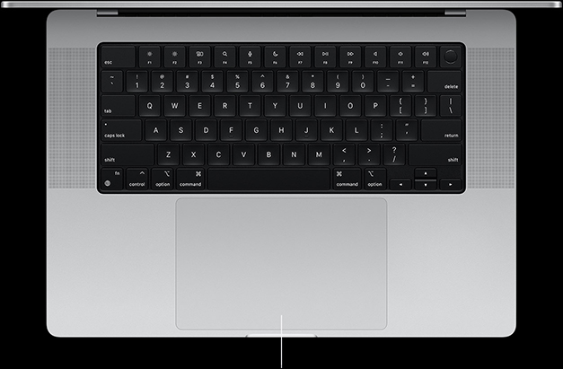 Ülalt alla vaade avatud 16-tollisest MacBook Pro mudelist, mis demonstreerib klaviatuuri all asuvat Force Touch puuteplaati