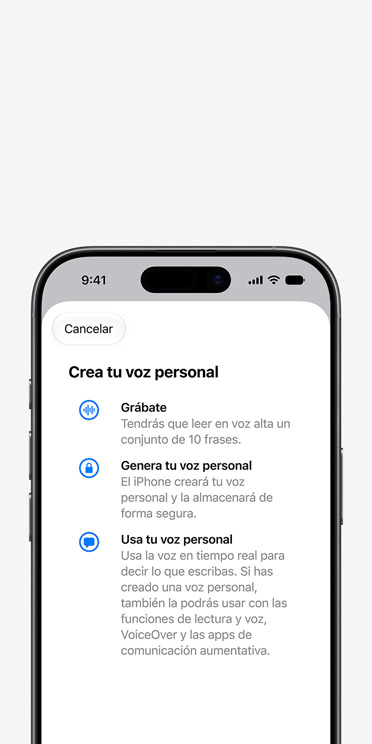 Un iPhone 17 muestra la prestación Voz Personal con indicaciones sobre cómo crearla