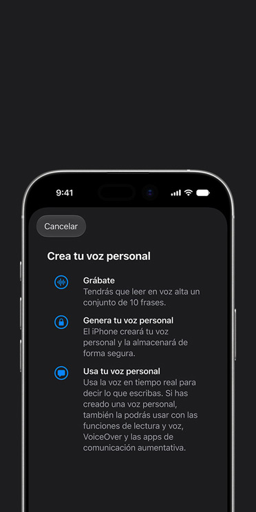 Un iPhone 17 muestra la prestación Voz Personal con indicaciones sobre cómo crearla