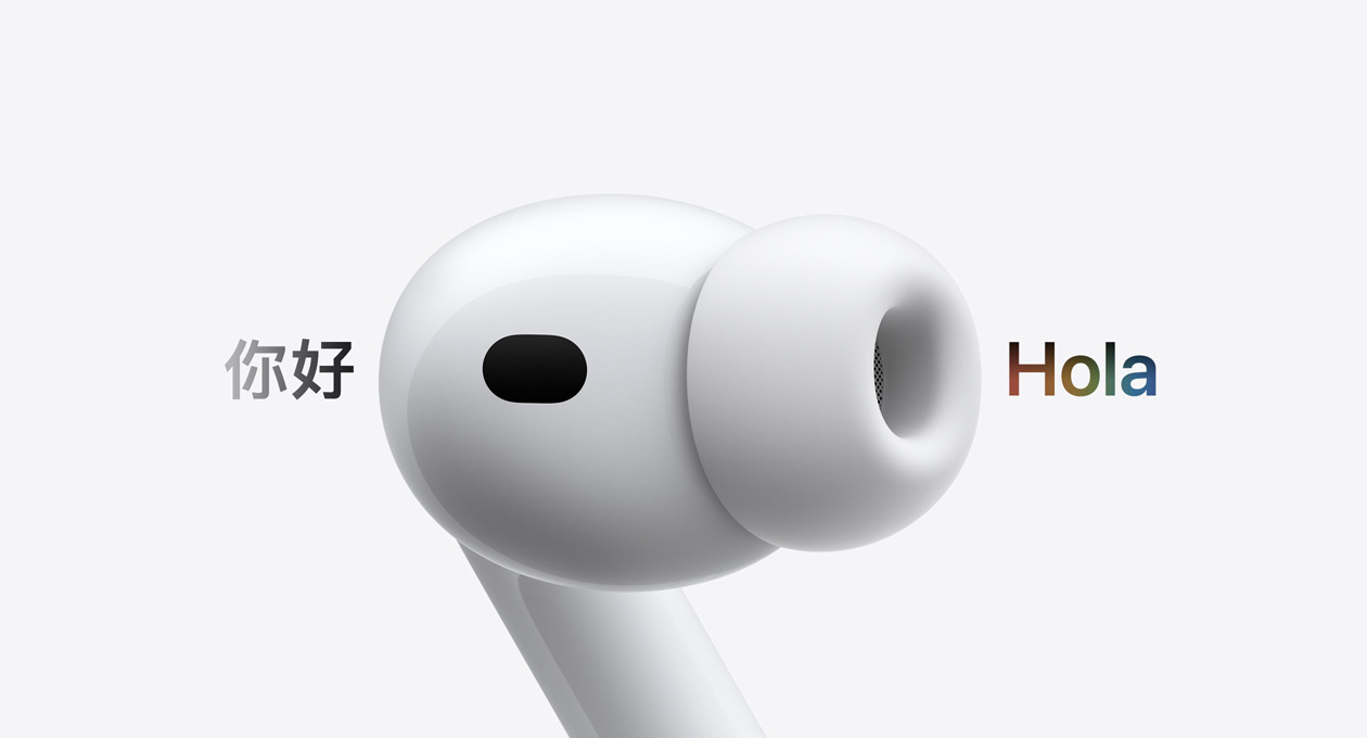AirPods Pro 3, auricular con almohadilla de silicona, Traducción en Tiempo Real cambia los caracteres en chino que dicen hola a un texto en español que dice «Hola»