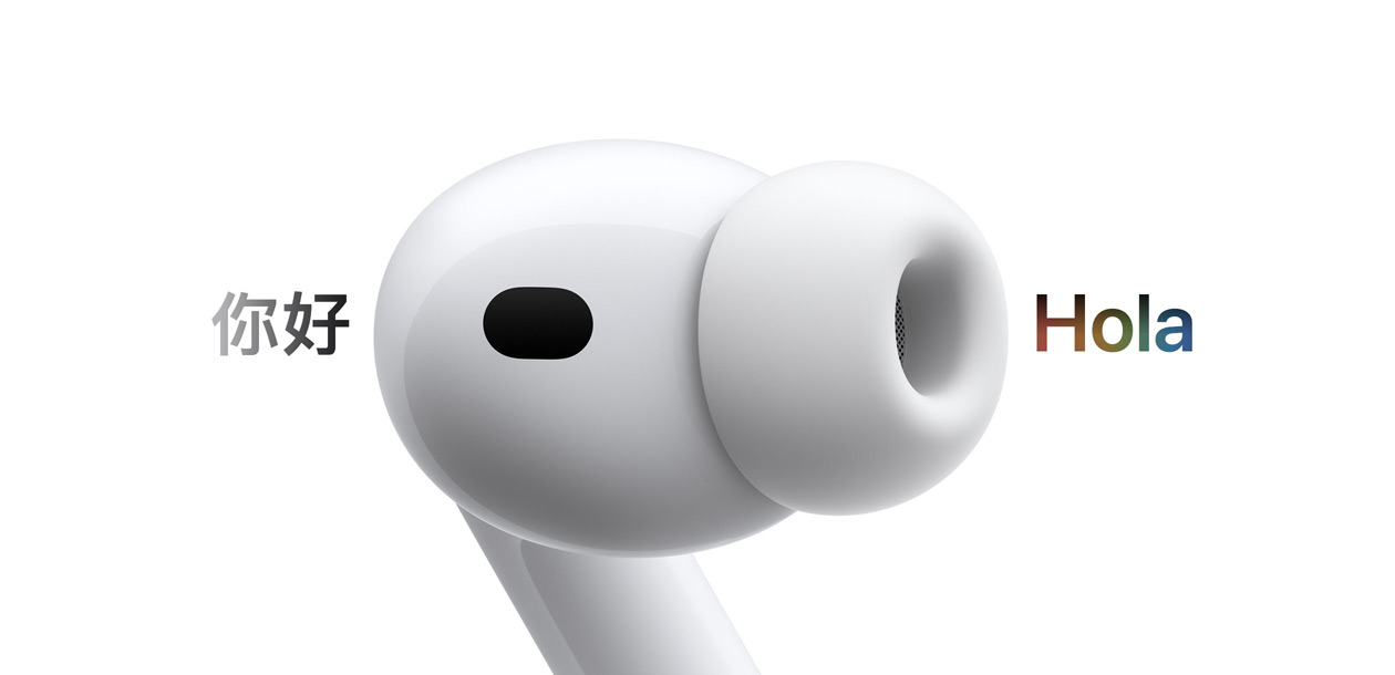 AirPods Pro 3, auricular con almohadilla de silicona, Traducción en Tiempo Real cambia los caracteres en chino que dicen hola a un texto en español que dice «Hola»