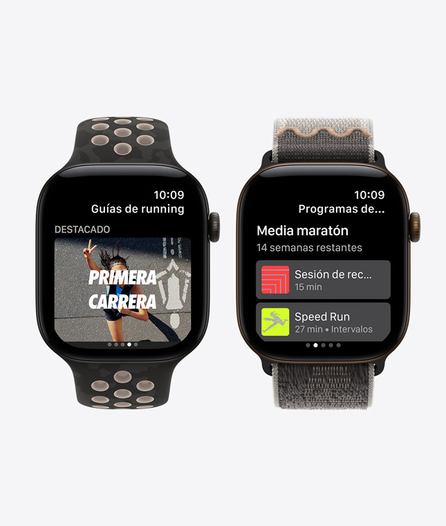 Dispositivos Apple Watch Series 12, cajas de aluminio, color negro, pantallas: app Nike Run Club, prestaciones Guías de Running y Programas de Entrenamiento, correas: correa Nike Sport, color negro After Dark, correa Loop Nike Sport, color negro After Dark