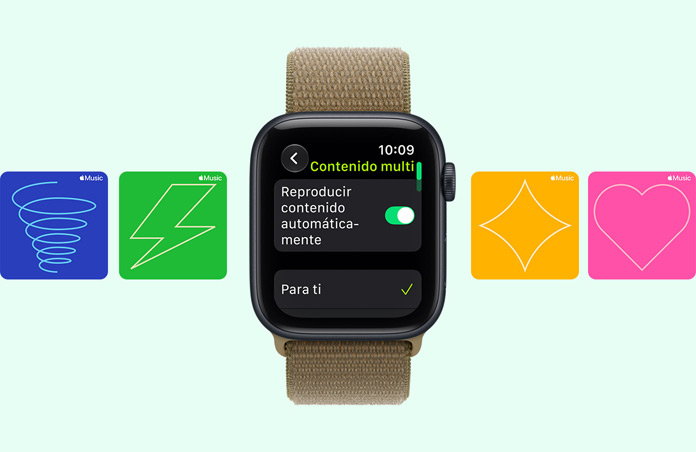 Apple Watch SE 3, aluminum case, midnight color, screen shows Media Player, right side exterior, Digital Crown dial, Sport Loop band, olive color (earthy green), background Apple Music graphic cards: whirlwind, lightning, diamond and heart illustrations