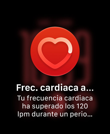 Notificación de frecuencia cardiaca alta, silueta blanca de un icono de corazón sobre un círculo rojo