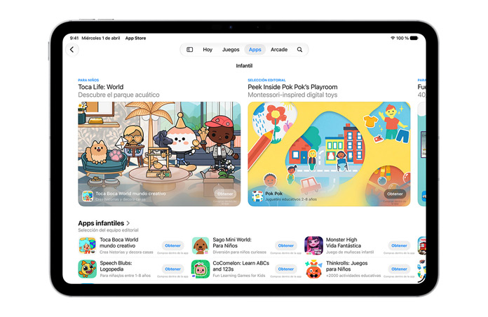 Pantalla que muestra la sección Para Niños del App Store.