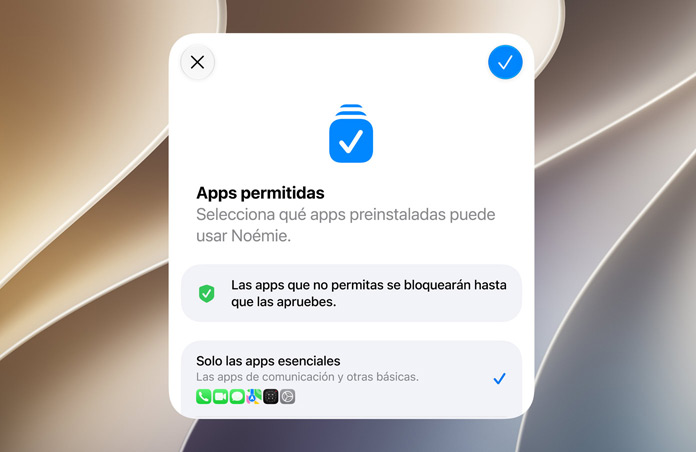 Pantalla del Asistente de Configuración en la que se muestra que una madre, padre o tutor legal puede revisar y aprobar apps para una Cuenta Infantil.