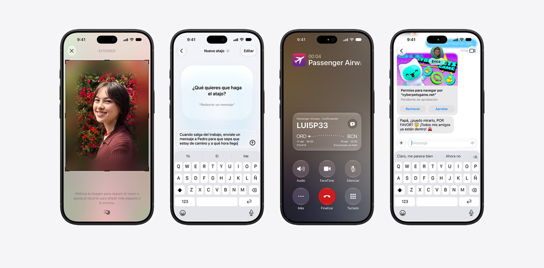 Four iPhone 18 Pro models, close-up front exteriors, each displaying various iOS features. From left to right, iPhone 18 Pro, screen displaying a team debrief being scheduled by Siri AI, iPhone 18 Pro, screen displaying the Siri App, grid of cards representing past interactions, featuring topics like “Healthy 30 Minute Recipes,” “Mexico City Largest Park” with an accompanying image, and “Social Media Launch Email”, iPhone 18 Pro, screen displays an active phone call with “Passenger Airways” with a Call Context card on the bottom of the screen with relevant flight confirmation details, including the booking code, route from JFK to RAK, and flight times, with a note indicating the information was “Found in Mail”, iPhone 18 Pro, screen displays a conversation with Siri AI, asking about the color of a tablecloth.