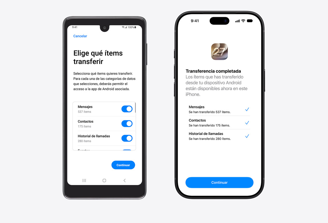 Android device on left, iPhone on right. Android device displays the Move to iOS App, with Select Items to Transfer heading and Messages, Contacts, and Call History Selected. iPhone screen shows Transfer Complete.