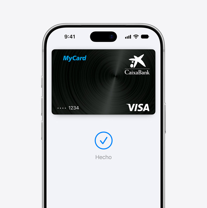Partial iPhone screen display, showing a credit card being used in Apple Pay