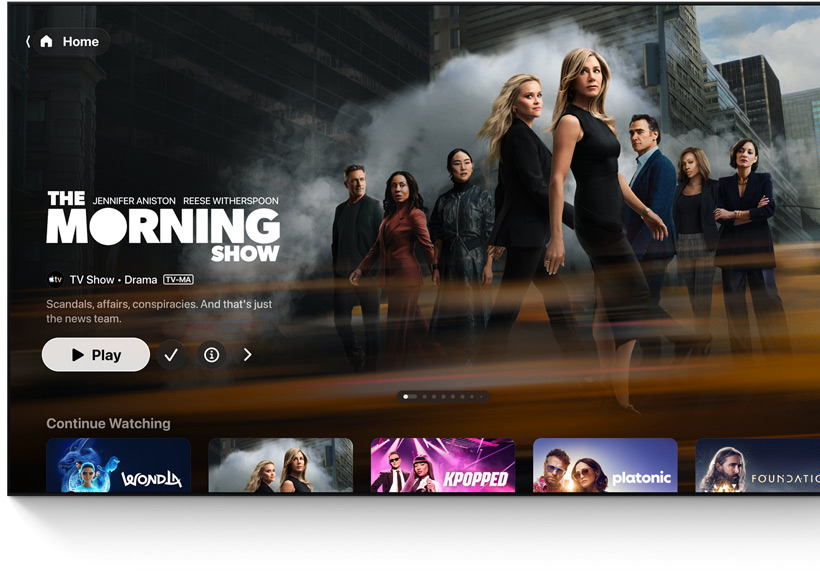 Televisão de ecrã plano a mostrar a interface de utilizador do ecrã principal da app Apple TV