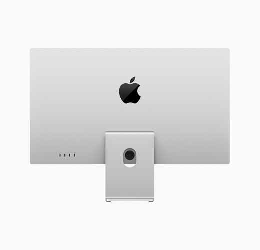 Apple Studio Display con sostegno a inclinazione regolabile color argento mostrato da dietro, logo Apple nero lucido al centro