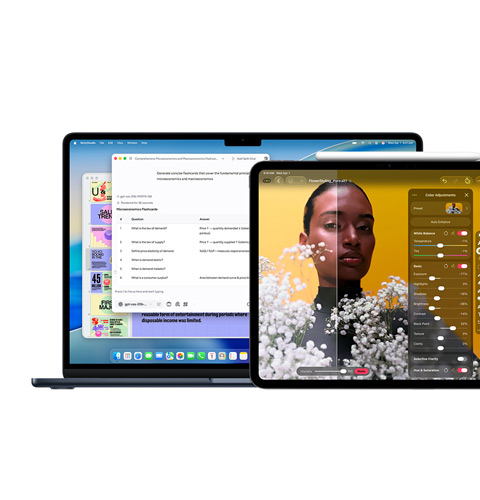 En Mac-skjerm viser Apple Intelligence, og en iPad-skjerm viser Pixelmator Pro.