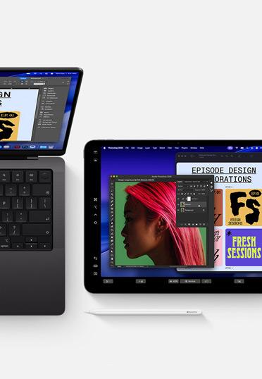 MacBook og iPad med Apple Pencil vises. Begge skjermene viser samme programvare for grafisk design for å illustrere kontinuitet mellom enhetene.