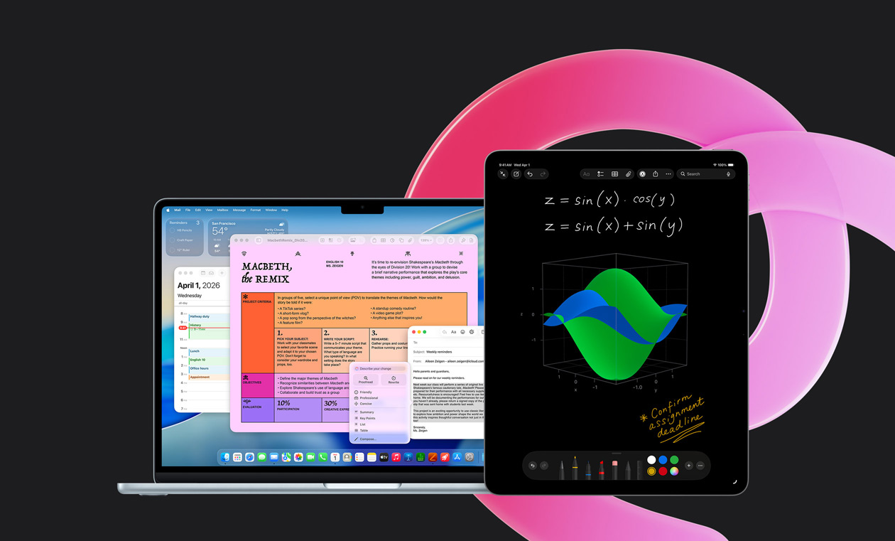 Ein MacBook Air zeigt Pages, Kalender, einen Hinweis und Mail neben einem iPad mit handschriftlichen Gleichungen in Mathematische Notizen, um Produktivität mit integrierten Apps zu demonstrieren