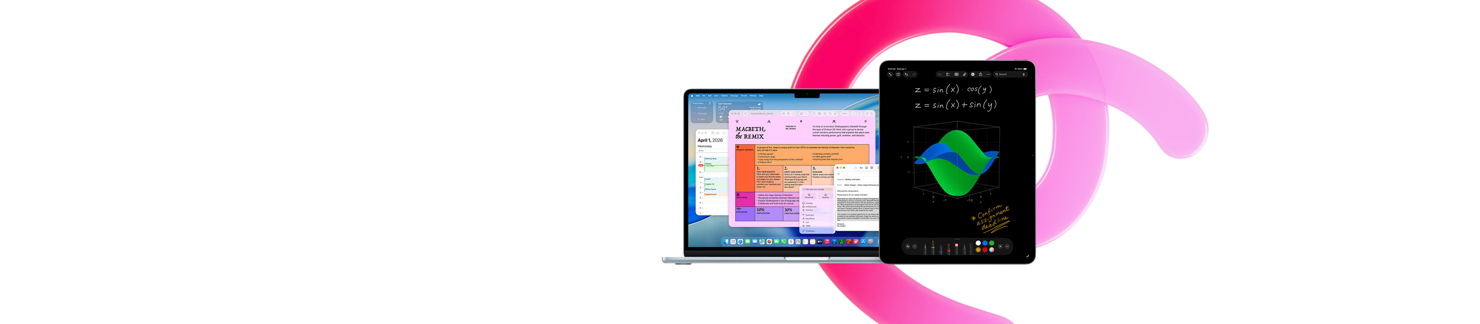 MacBook Air viser Pages, Kalender, Varsling og Mail. Ved siden av viser en iPad håndskrevne ligninger i Mattenotater, noe som er et eksempel på produktivitet med innebygde apper.