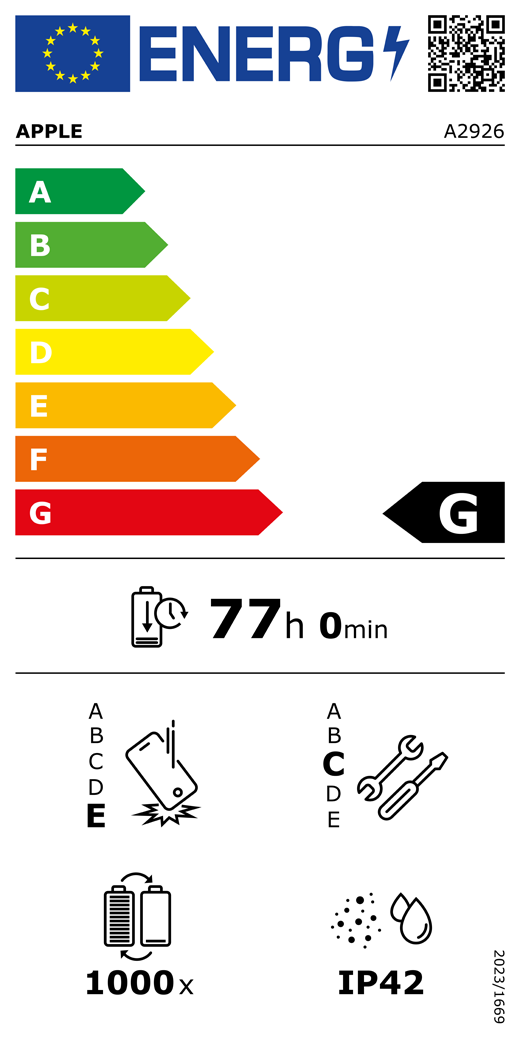 EU-Energielabel, QR Code und Informationen, Apple Modell A2926, Klasse G, Energieeffizienzklassen (auf einer Skala von A bis G), A (am effizientesten) bis G (am wenigsten effizient), Batterielaufzeit pro Zyklus, 77 Stunden und 0 Minuten pro voller Batterieladung, Sturzfestigkeit Klasse E für wiederholten freien Sturz, A (am robustesten) bis E (am wenigsten robust), Reparierbarkeit der Klasse C, A (am besten reparierbar) bis E (am wenigsten reparierbar), Batteriehaltbarkeit 1.000 Ladezyklen, Schutzart gegen Eindringen von Staub und Wasser (IP) IP42, Verordnung 2023/1669