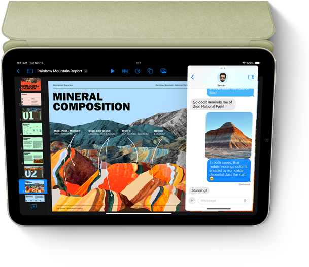 iPad mini i vandret position, der viser Keynote og Beskeder med Slide Over.