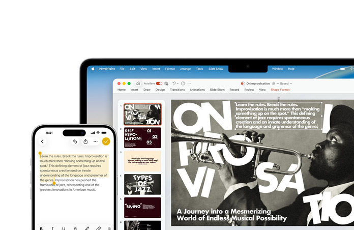iPhone 16 Plus met gemarkeerde tekst in Notities, MacBook Air met een openstaande dia in PowerPoint, tekst uit Notities is te zien op de dia