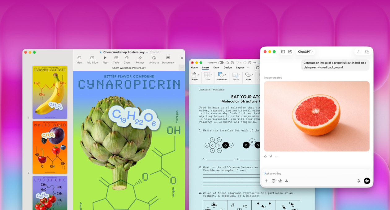 Utilisation de ChatGPT pour générer une image de pamplemousse, d’autres fenêtres contiennent un document Keynote intitulé posters de molécules avec des images de fruits et légumes et de composés moléculaires associés, et un document Microsoft Word sur le même sujet