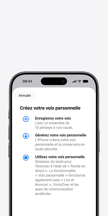 Écran d’iPhone 17 affichant la fonctionnalité Voix personnelle avec des instructions indiquant comment créer votre Voix personnelle