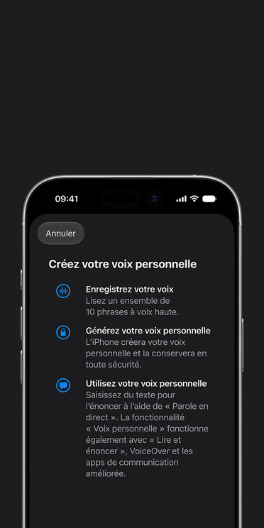 Écran d’iPhone 17 affichant la fonctionnalité Voix personnelle avec des instructions indiquant comment créer votre Voix personnelle