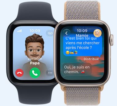 Apple Watch SE 3 devices, screens show incoming call from Dad, Messages with Grandma, connected to Sport Band, black color, Sport Loop, chambray blue color (light blue-gray)