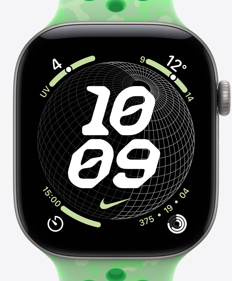 Cadran Nike Globe, heure, logo Nike Swoosh, complications : indice UV, météo, minuteur, anneaux Activité