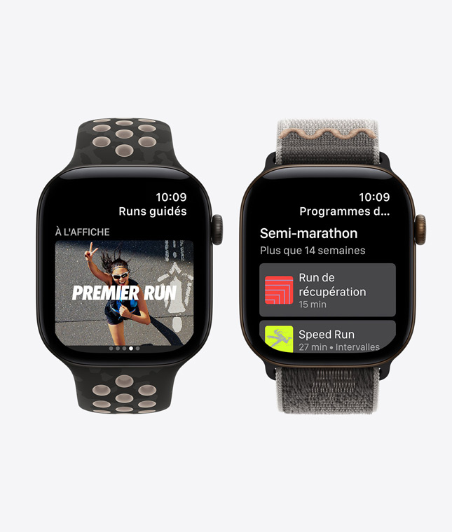 Plusieurs Apple Watch Series 12, boîtiers en aluminium, noir, écrans : app Nike Run Club, fonctionnalités Runs guidés et Programmes d’entraînement, bracelets : Bracelet Sport Nike, noir after dark, Boucle Sport Nike, noir after dark