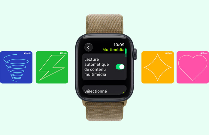 Apple Watch SE 3, aluminum case, midnight color, screen shows Media Player, right side exterior, Digital Crown dial, Sport Loop band, olive color (earthy green), background Apple Music graphic cards: whirlwind, lightning, diamond and heart illustrations