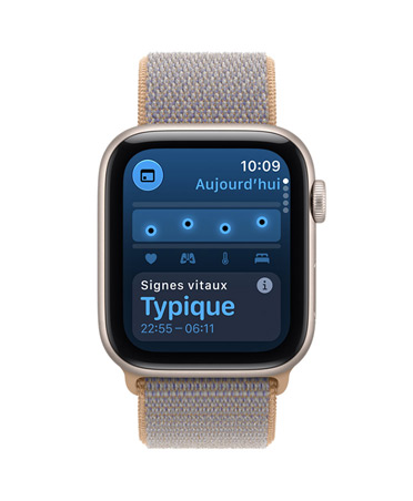 Apple Watch SE 3, screen shows overnight vitals, aluminum case, starlight color, right side exterior, Digital Crown dial, connected to Sport Loop band, chambray blue color (light blue-gray)