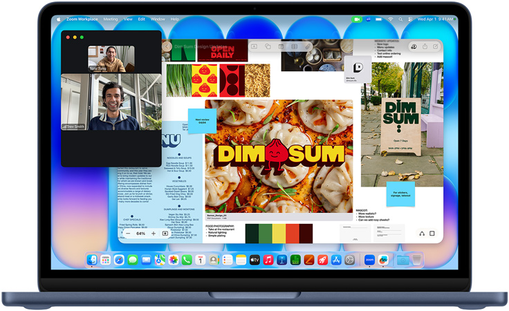 MacBook Neo, σε χρώμα μπλε indigo, βιντεοκλήση σε εξέλιξη, παράθυρο Freeform με μενού, φωτογραφίες φαγητών και εικονογραφήσεις για εστιατόριο dim sum