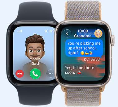 Apple Watch SE 3 裝置，一款配搭黑色運動錶帶，另一款配搭水手布藍色 (淺藍灰色) 運動手環，螢幕分別顯示爸爸的來電、與嫲嫲的訊息對話