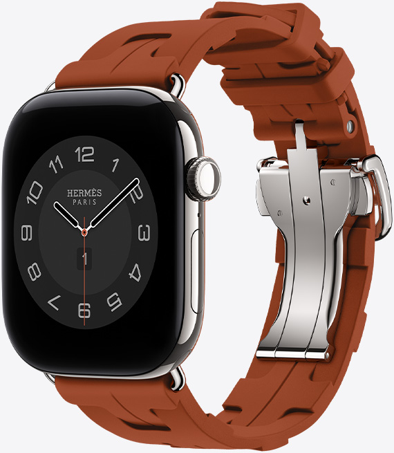 Apple Watch Hermès Series 12，Circulaire 指針錶面展示 (小時、分鐘和秒針，複雜功能包括：天氣、噪音、健身記錄圓圈及巴黎時間)，銀色鈦金屬錶殼，配搭 Cuivre 銅紅色 (棕色) Kilim Single Tour 錶帶，採用模造橡膠物料，幾何結構相互扣合，配以銀色金屬錶扣，機身右側有數碼錶冠、側邊按鈕