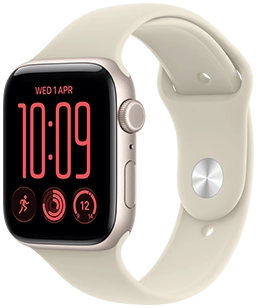 Apple Watch SE 3, aluminum case, starlight color, right side exterior, Digital Crown dial, microphone, side button, connected to Sport Band, sand color (pale tan), pin-and-tuck closure (silver pin)