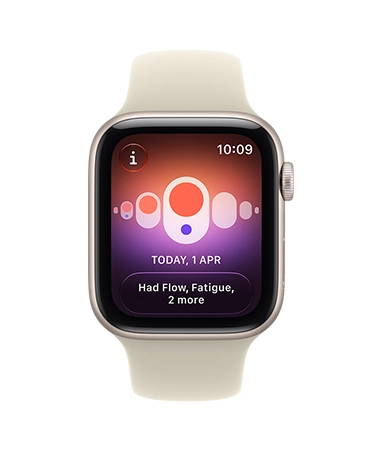 Apple Watch SE 3, aluminum case, starlight color, screen shows health tracking (cycle tracking), right side exterior, Digital Crown dial, Sport Band, sand color (pale tan)