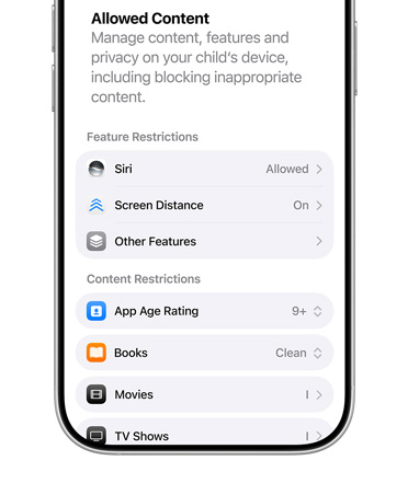 iPhone displaying content and privacy restrictions options for Child Account.