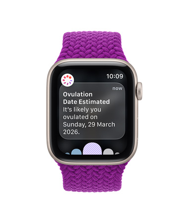 Apple Watch Series 12, aluminum case, space gray color, ovulation date estimated notification, Braided Solo Loop band, magenta color