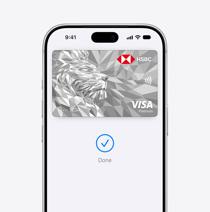 Partial iPhone screen display, showing a credit card being used in Apple Pay
