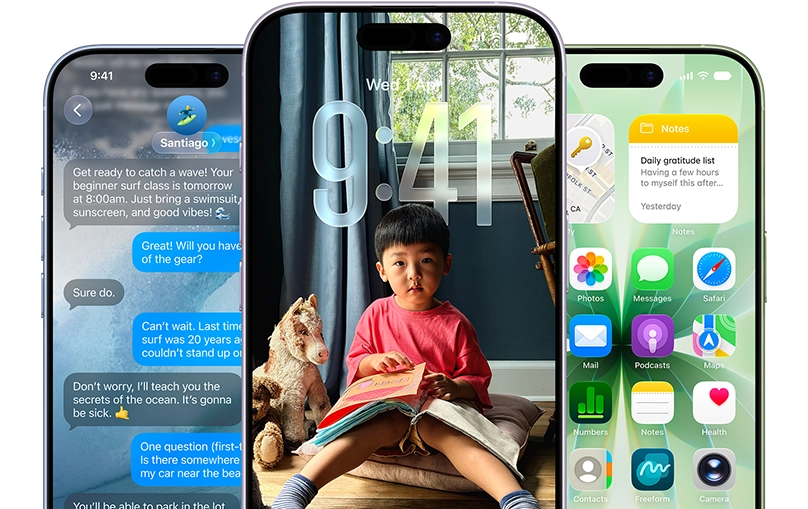 三部 iPhone 17 裝置。每部裝置分別顯示訊息 app 畫面、鎖定畫面或主畫面。
