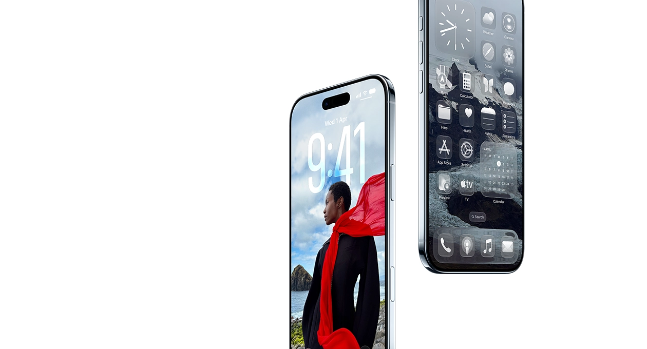 兩部 iPhone Air 裝置以特定角度在空中浮起，其中一部展示鎖定畫面，另一部展示主畫面，顯示地圖、音樂和 Apple TV 等 app。