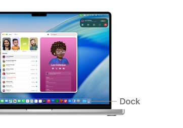 以 MacBook Pro 14 吋導覽 macOS 介面，線條標示出 Dock 的位置。