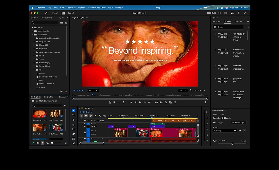 MacBook Pro 螢幕展示使用 Adobe Premiere 剪輯電影